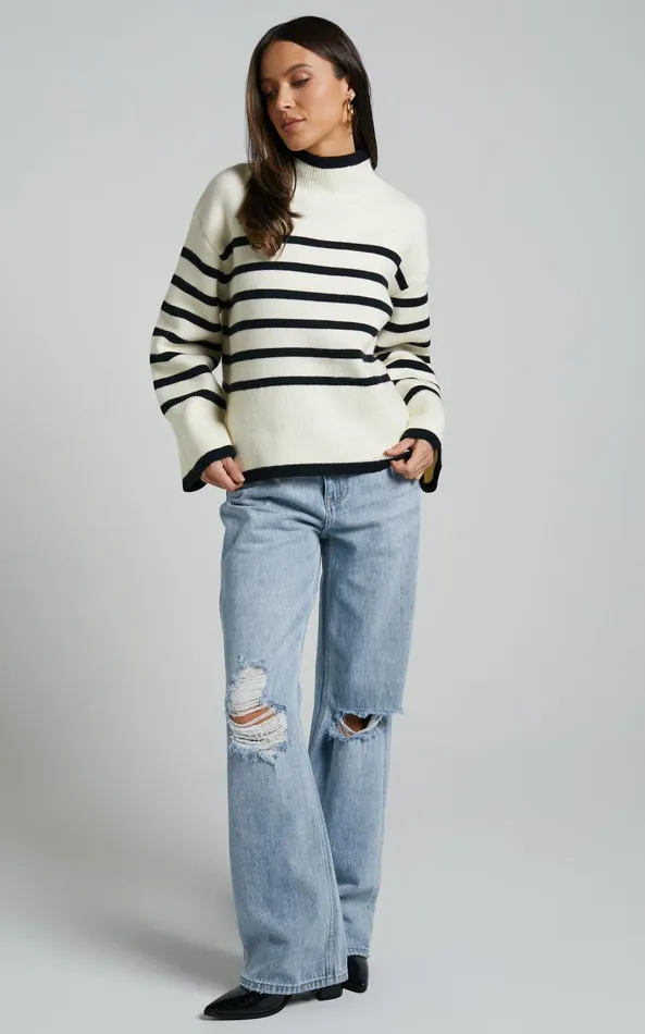 Showpo Ehliza Jumper 8211 Mock Neck Wide Sleve Knit Jumper In Cream Black Women Knitwear