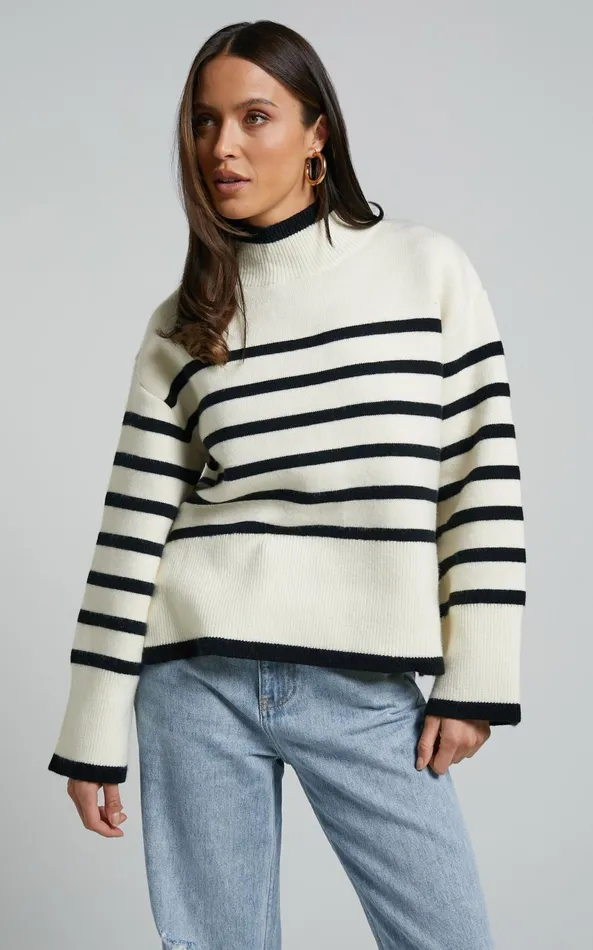 Showpo Ehliza Jumper 8211 Mock Neck Wide Sleve Knit Jumper In Cream Black Women Knitwear