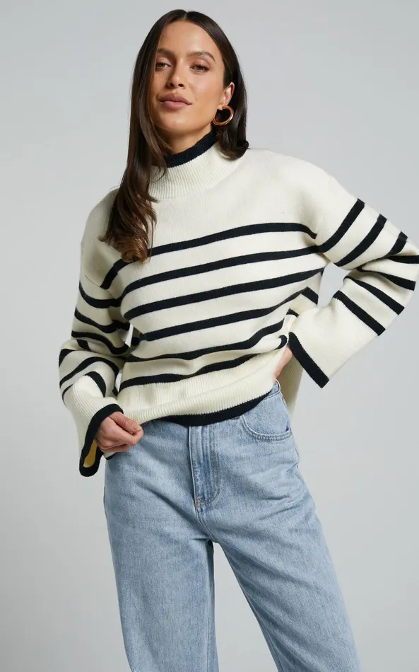 Showpo Ehliza Jumper 8211 Mock Neck Wide Sleve Knit Jumper In Cream Black Women Knitwear