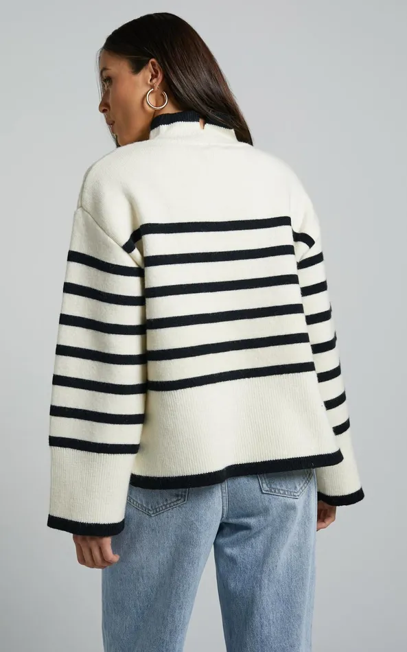 Showpo Ehliza Jumper 8211 Mock Neck Wide Sleve Knit Jumper In Cream Black Women Knitwear