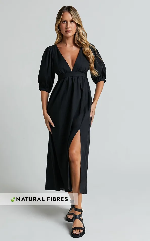 Showpo Eidie Midi Dress 8211 Linen Look Puff Sleeve Open Tie Back Flare Dress In Black Women Dresses Showpo Eidie Midi Dress 8211 Linen Look Puff Sleeve Open Tie Back Flare Dress In Black Women Dresses
