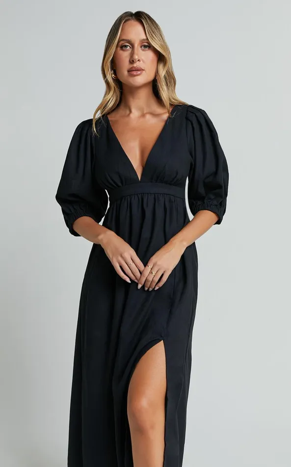 Showpo Eidie Midi Dress 8211 Linen Look Puff Sleeve Open Tie Back Flare Dress In Black Women Dresses
