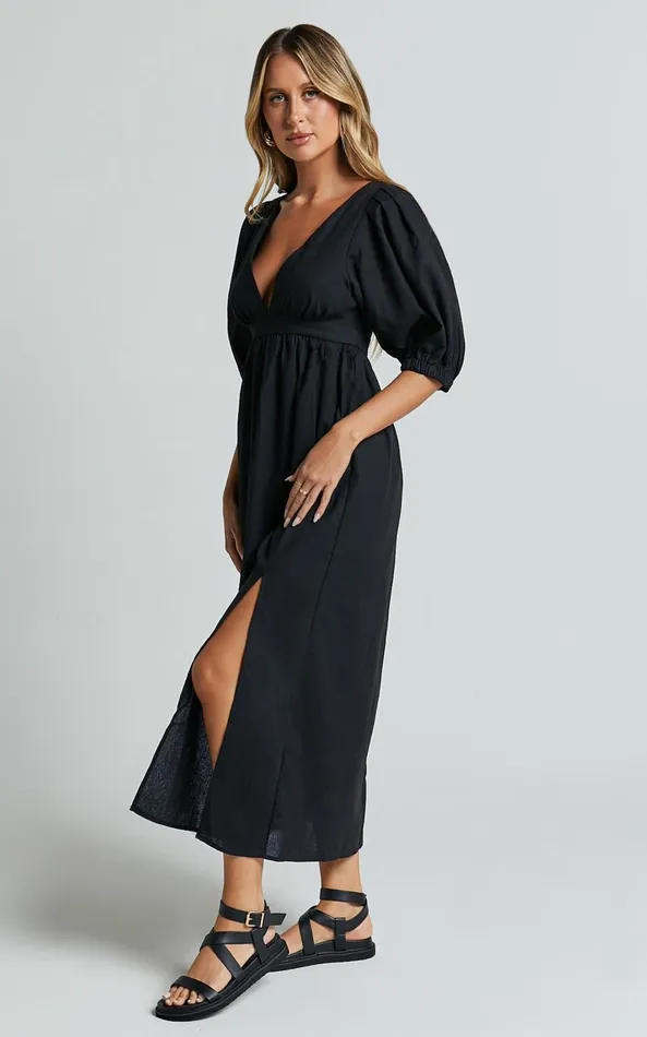 Showpo Eidie Midi Dress 8211 Linen Look Puff Sleeve Open Tie Back Flare Dress In Black Women Dresses