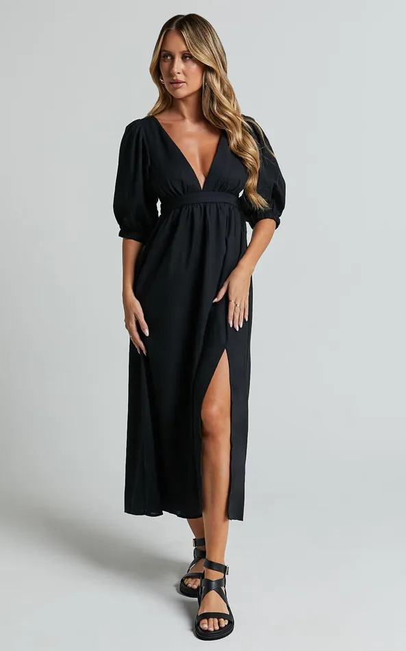 Showpo Eidie Midi Dress 8211 Linen Look Puff Sleeve Open Tie Back Flare Dress In Black Women Dresses