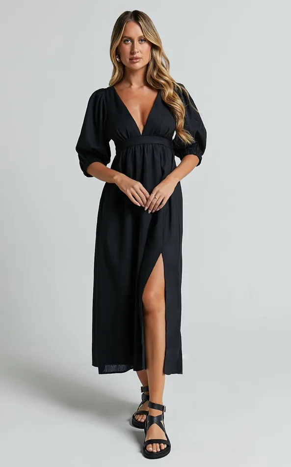 Showpo Eidie Midi Dress 8211 Linen Look Puff Sleeve Open Tie Back Flare Dress In Black Women Dresses