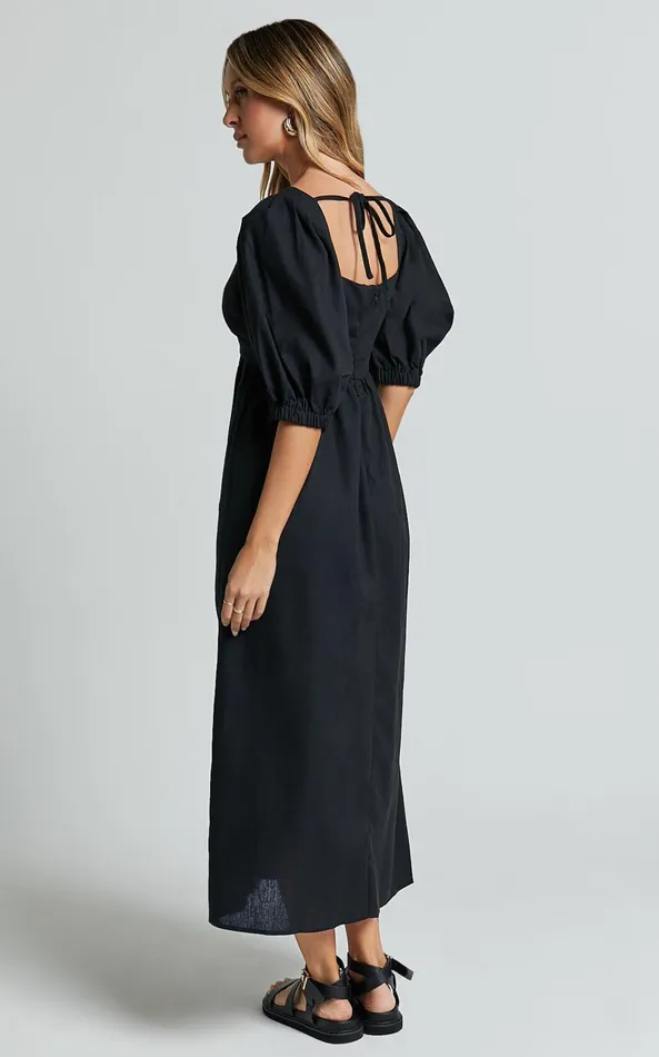 Showpo Eidie Midi Dress 8211 Linen Look Puff Sleeve Open Tie Back Flare Dress In Black Women Dresses