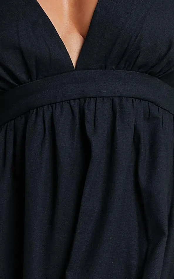 Showpo Eidie Midi Dress 8211 Linen Look Puff Sleeve Open Tie Back Flare Dress In Black Women Dresses