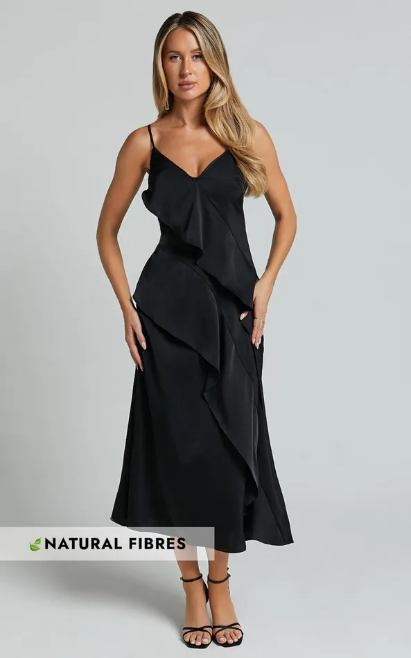 Showpo Eileen Midi Dress 8211 V Neck Soft Ruffle Tiered Satin Dress In Black Women Dresses Showpo Eileen Midi Dress 8211 V Neck Soft Ruffle Tiered Satin Dress In Black Women Dresses