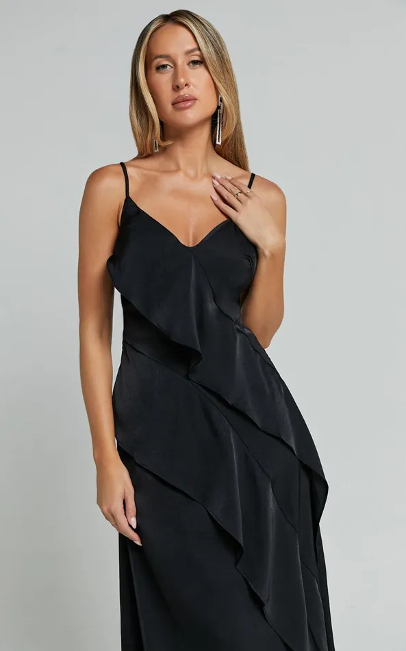 Showpo Eileen Midi Dress 8211 V Neck Soft Ruffle Tiered Satin Dress In Black Women Dresses