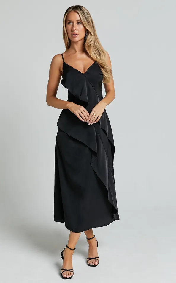Showpo Eileen Midi Dress 8211 V Neck Soft Ruffle Tiered Satin Dress In Black Women Dresses
