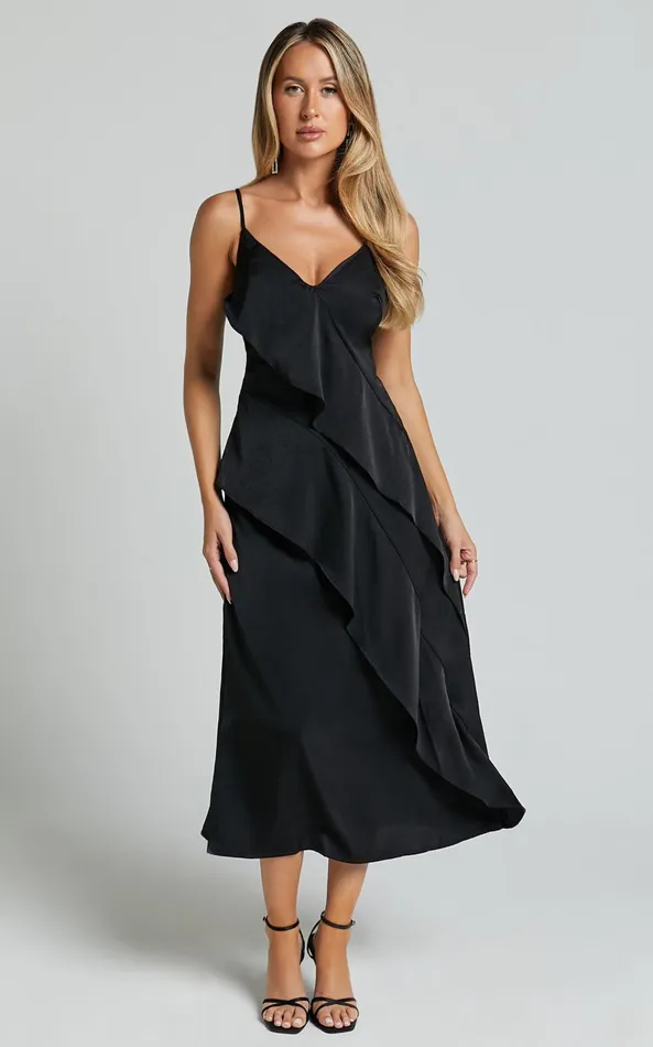 Showpo Eileen Midi Dress 8211 V Neck Soft Ruffle Tiered Satin Dress In Black Women Dresses