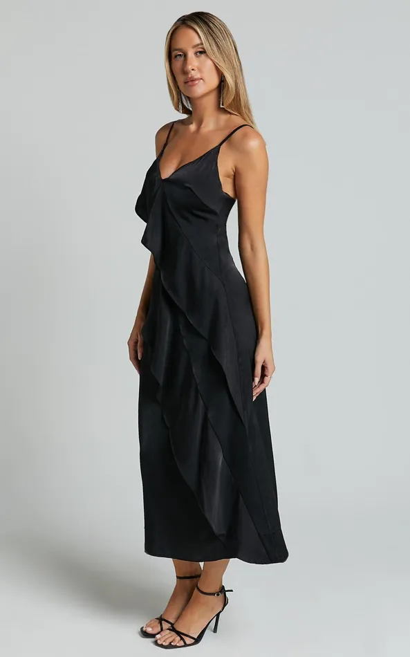 Showpo Eileen Midi Dress 8211 V Neck Soft Ruffle Tiered Satin Dress In Black Women Dresses