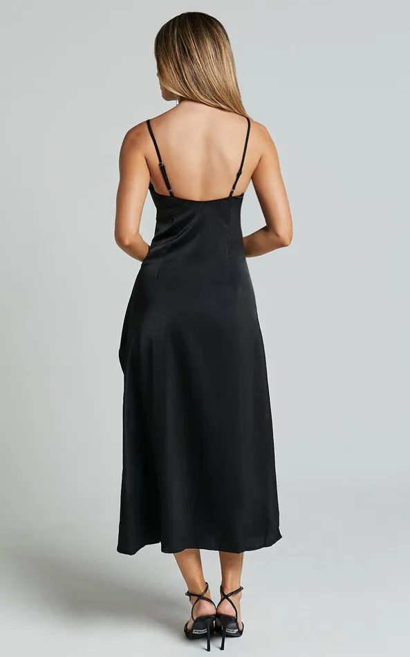 Showpo Eileen Midi Dress 8211 V Neck Soft Ruffle Tiered Satin Dress In Black Women Dresses