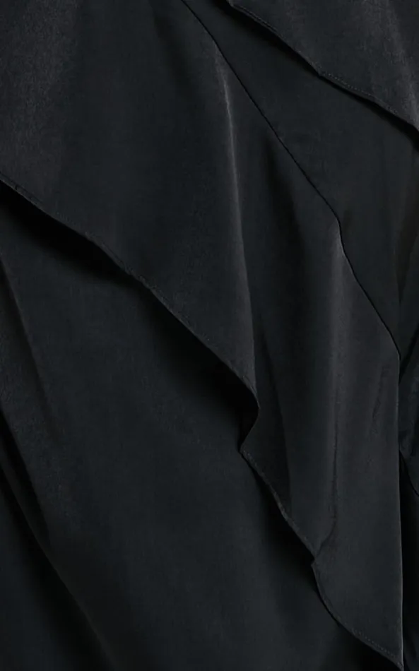 Showpo Eileen Midi Dress 8211 V Neck Soft Ruffle Tiered Satin Dress In Black Women Dresses