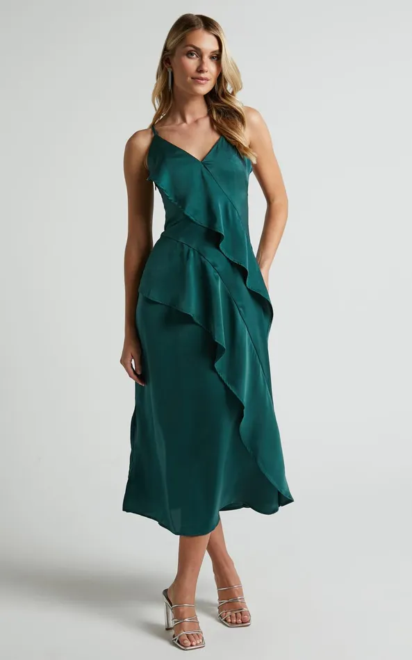Showpo Eileen Midi Dress 8211 V Neck Soft Ruffle Tiered Satin Dress In Emerald Women Dresses Showpo Eileen Midi Dress 8211 V Neck Soft Ruffle Tiered Satin Dress In Emerald Women Dresses