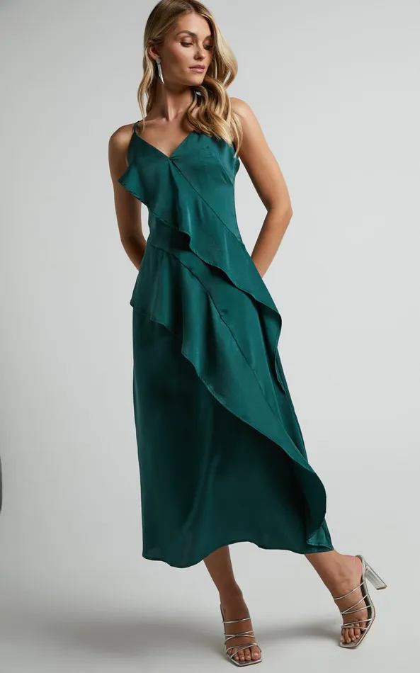 Showpo Eileen Midi Dress 8211 V Neck Soft Ruffle Tiered Satin Dress In Emerald Women Dresses Showpo Eileen Midi Dress 8211 V Neck Soft Ruffle Tiered Satin Dress In Emerald Women Dresses