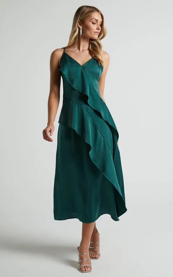 Showpo Eileen Midi Dress 8211 V Neck Soft Ruffle Tiered Satin Dress In Emerald Women Dresses Showpo Eileen Midi Dress 8211 V Neck Soft Ruffle Tiered Satin Dress In Emerald Women Dresses