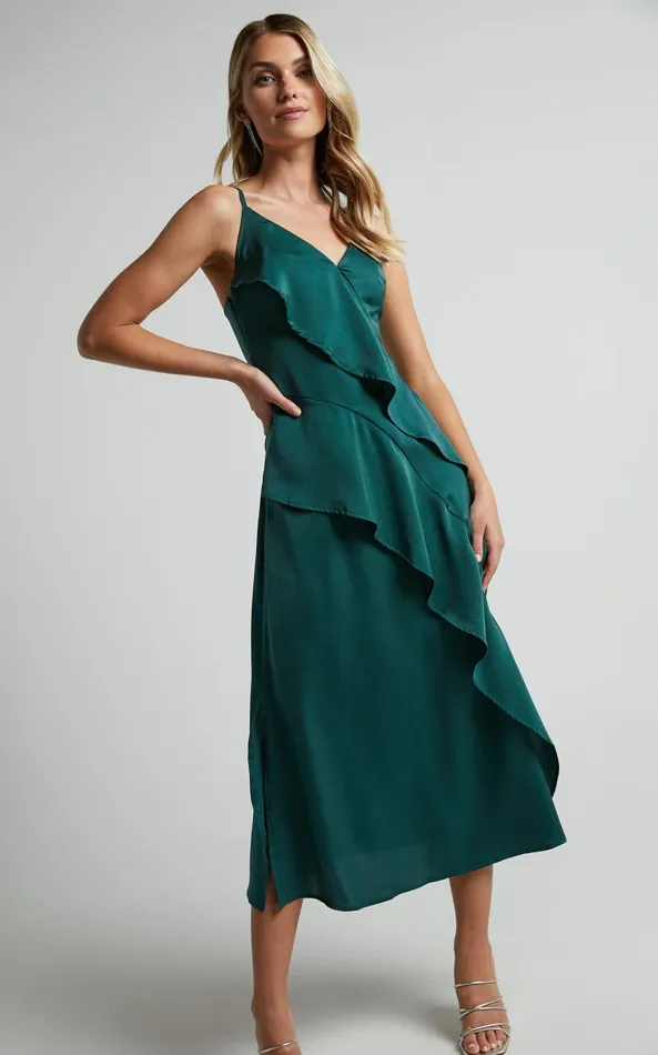 Showpo Eileen Midi Dress 8211 V Neck Soft Ruffle Tiered Satin Dress In Emerald Women Dresses Showpo Eileen Midi Dress 8211 V Neck Soft Ruffle Tiered Satin Dress In Emerald Women Dresses