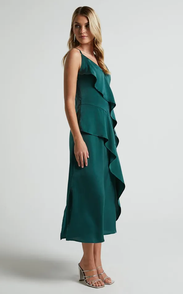 Showpo Eileen Midi Dress 8211 V Neck Soft Ruffle Tiered Satin Dress In Emerald Women Dresses Showpo Eileen Midi Dress 8211 V Neck Soft Ruffle Tiered Satin Dress In Emerald Women Dresses