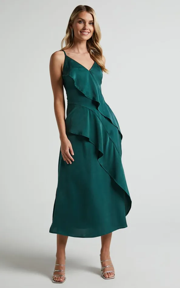 Showpo Eileen Midi Dress 8211 V Neck Soft Ruffle Tiered Satin Dress In Emerald Women Dresses Showpo Eileen Midi Dress 8211 V Neck Soft Ruffle Tiered Satin Dress In Emerald Women Dresses