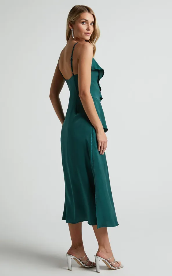 Showpo Eileen Midi Dress 8211 V Neck Soft Ruffle Tiered Satin Dress In Emerald Women Dresses Showpo Eileen Midi Dress 8211 V Neck Soft Ruffle Tiered Satin Dress In Emerald Women Dresses