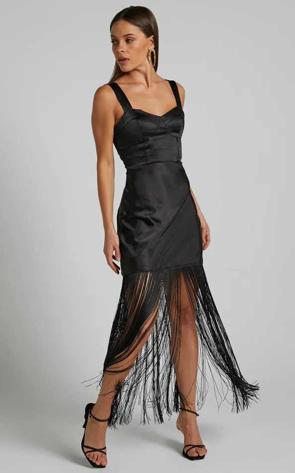 Showpo Eiren Midi Dress 8211 Corset Bodice Fringe Detail Dress In Black Women Dresses Showpo Eiren Midi Dress 8211 Corset Bodice Fringe Detail Dress In Black Women Dresses
