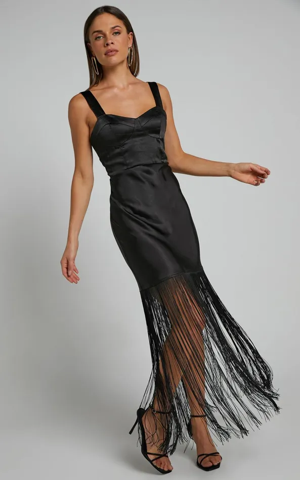 Showpo Eiren Midi Dress 8211 Corset Bodice Fringe Detail Dress In Black Women Dresses Showpo Eiren Midi Dress 8211 Corset Bodice Fringe Detail Dress In Black Women Dresses