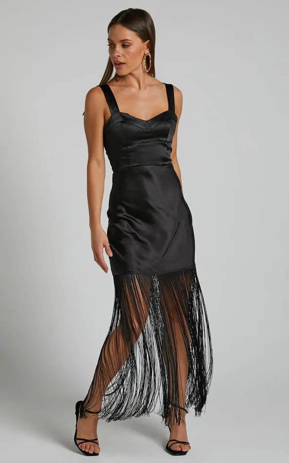 Showpo Eiren Midi Dress 8211 Corset Bodice Fringe Detail Dress In Black Women Dresses Showpo Eiren Midi Dress 8211 Corset Bodice Fringe Detail Dress In Black Women Dresses