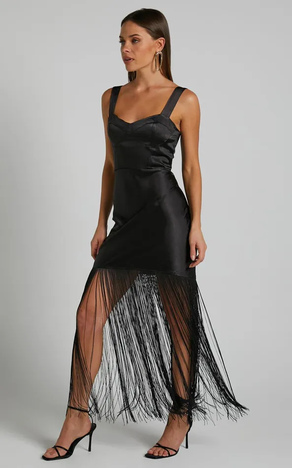 Showpo Eiren Midi Dress 8211 Corset Bodice Fringe Detail Dress In Black Women Dresses Showpo Eiren Midi Dress 8211 Corset Bodice Fringe Detail Dress In Black Women Dresses