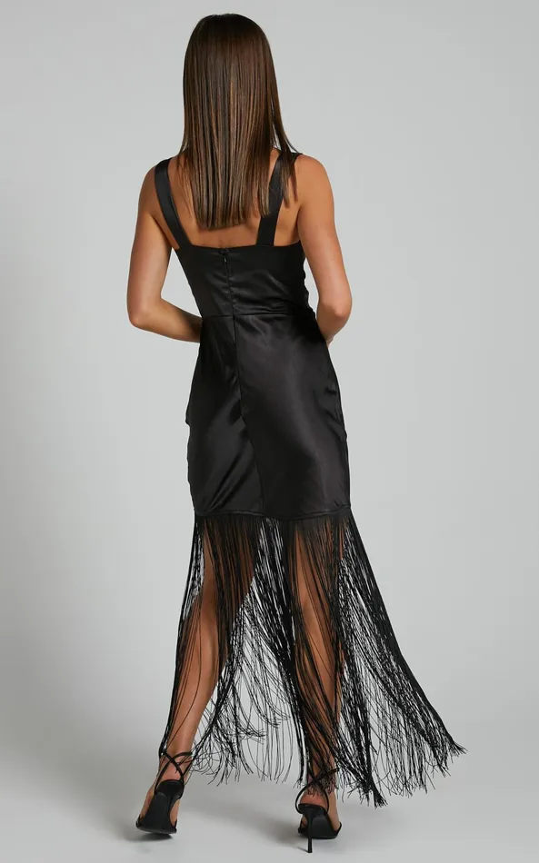 Showpo Eiren Midi Dress 8211 Corset Bodice Fringe Detail Dress In Black Women Dresses Showpo Eiren Midi Dress 8211 Corset Bodice Fringe Detail Dress In Black Women Dresses