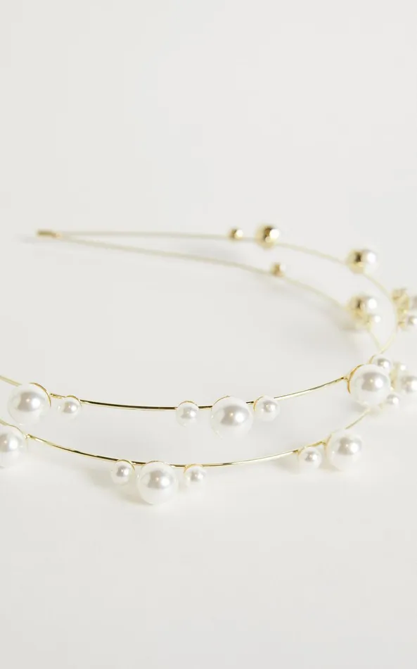Showpo Eirene Layered Pearl Headband In Gold Women Hair