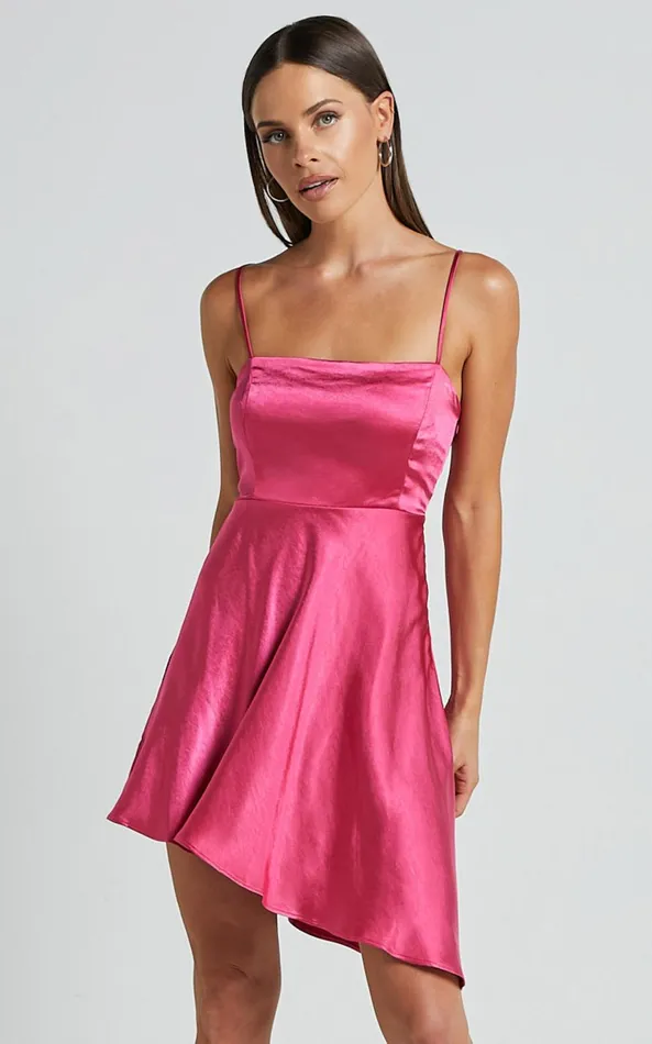 Showpo Eirik Mini Dress 8211 Strapless Asymmetrical Fit and Flare Dress In Pink Women Dresses