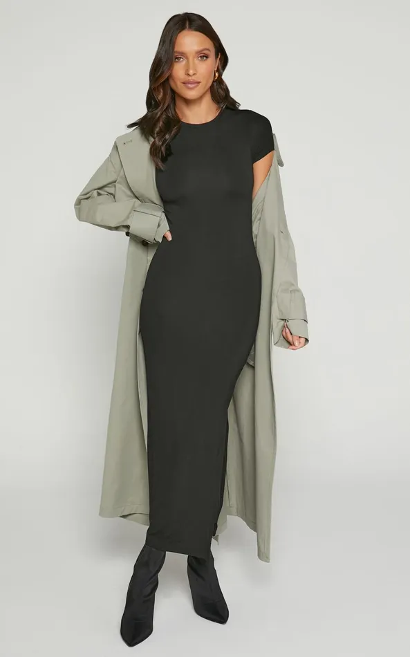 Showpo Elaine Midi Dress 8211 Short Sleeve Slim Fit Bodycon Dress In Black Women Basics