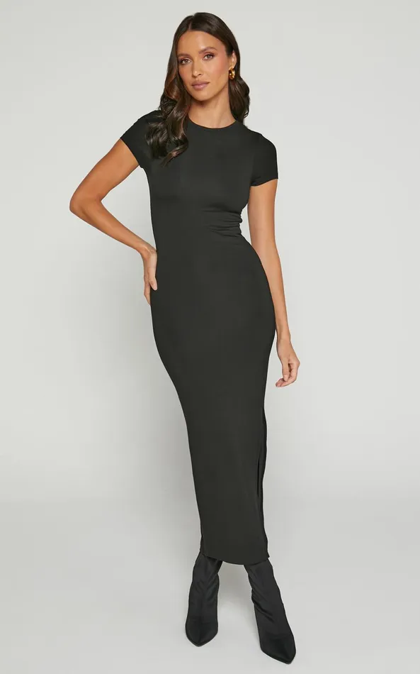 Showpo Elaine Midi Dress 8211 Short Sleeve Slim Fit Bodycon Dress In Black Women Basics