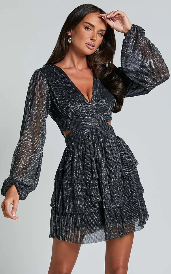 Showpo Elaine Mini Dress 8211 Long Sleeve Tiered Plisse Dress In Gunmetal Women Dresses Showpo Elaine Mini Dress 8211 Long Sleeve Tiered Plisse Dress In Gunmetal Women Dresses