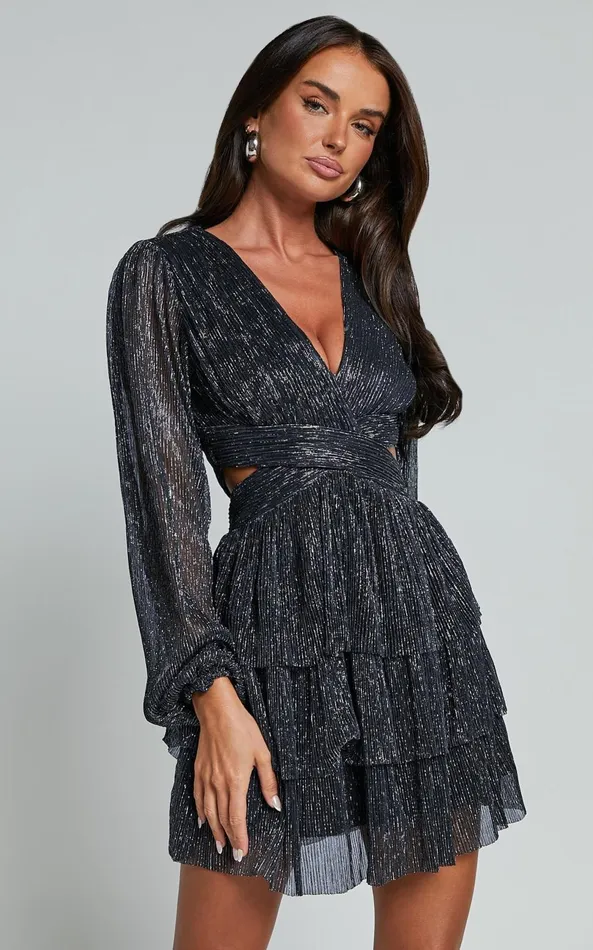 Showpo Elaine Mini Dress 8211 Long Sleeve Tiered Plisse Dress In Gunmetal Women Dresses