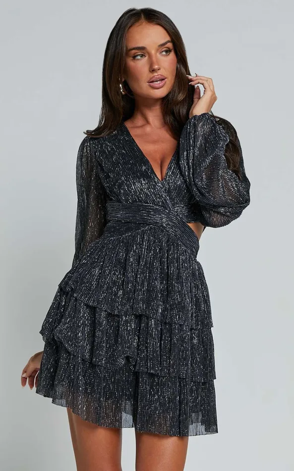 Showpo Elaine Mini Dress 8211 Long Sleeve Tiered Plisse Dress In Gunmetal Women Dresses