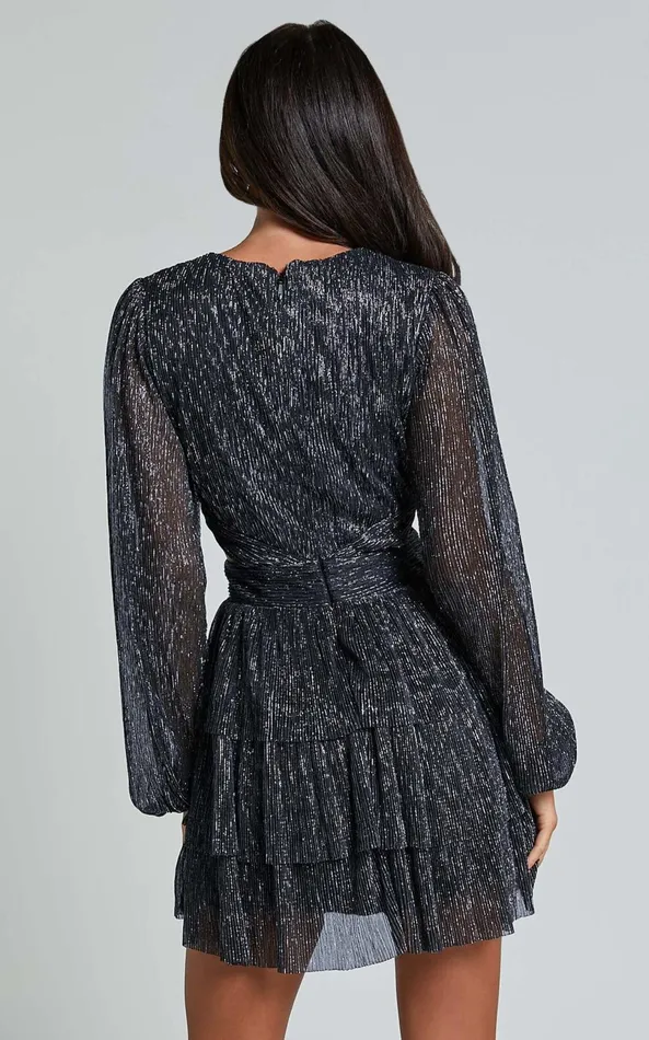 Showpo Elaine Mini Dress 8211 Long Sleeve Tiered Plisse Dress In Gunmetal Women Dresses