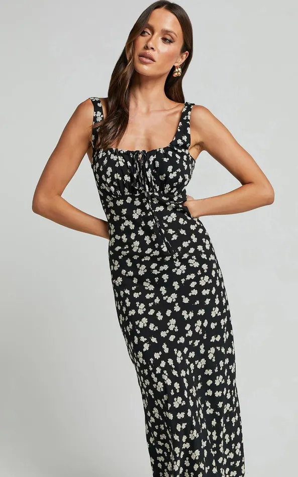 Showpo Elanora Midi Dress 8211 Scoop Neck Keyhole Front Empire Waist Bias Cut Slip Dress In Black Wildflower Women Dresses