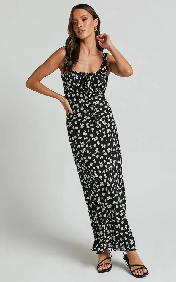 Showpo Elanora Midi Dress 8211 Scoop Neck Keyhole Front Empire Waist Bias Cut Slip Dress In Black Wildflower Women Dresses