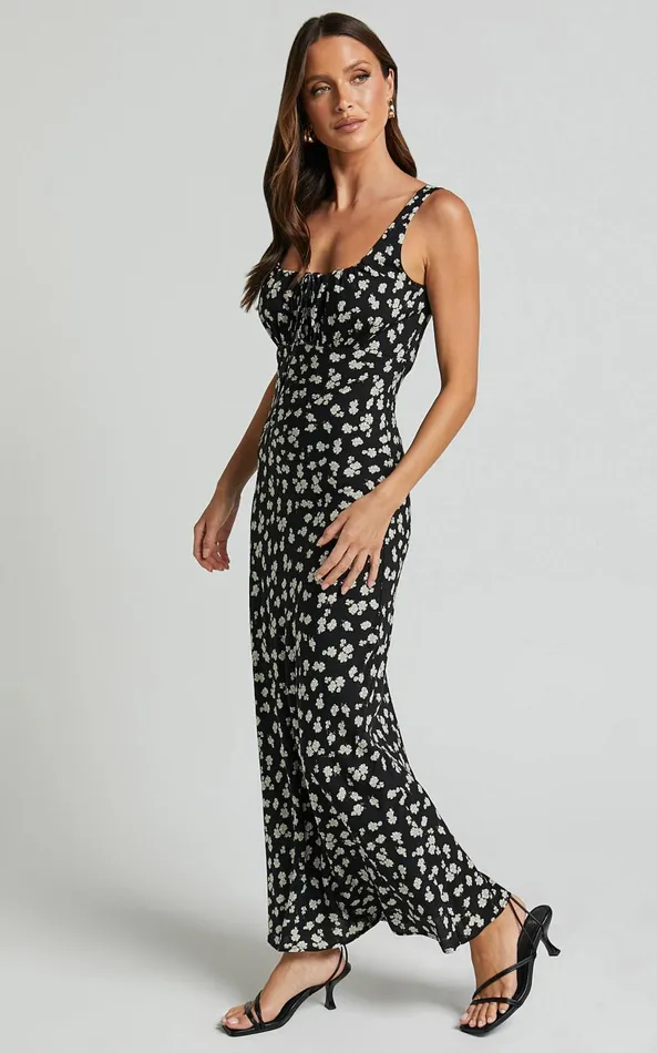 Showpo Elanora Midi Dress 8211 Scoop Neck Keyhole Front Empire Waist Bias Cut Slip Dress In Black Wildflower Women Dresses