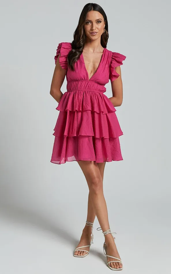 Showpo Elbertine Mini Dress 8211 Flutter Sleeve Pleated Dress In Hot Pink Women Dresses