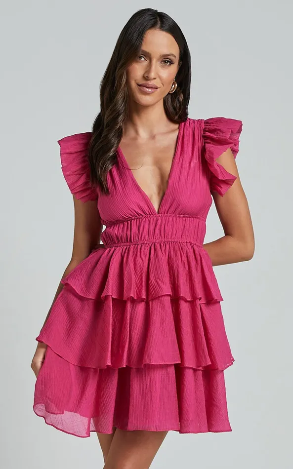 Showpo Elbertine Mini Dress 8211 Flutter Sleeve Pleated Dress In Hot Pink Women Dresses