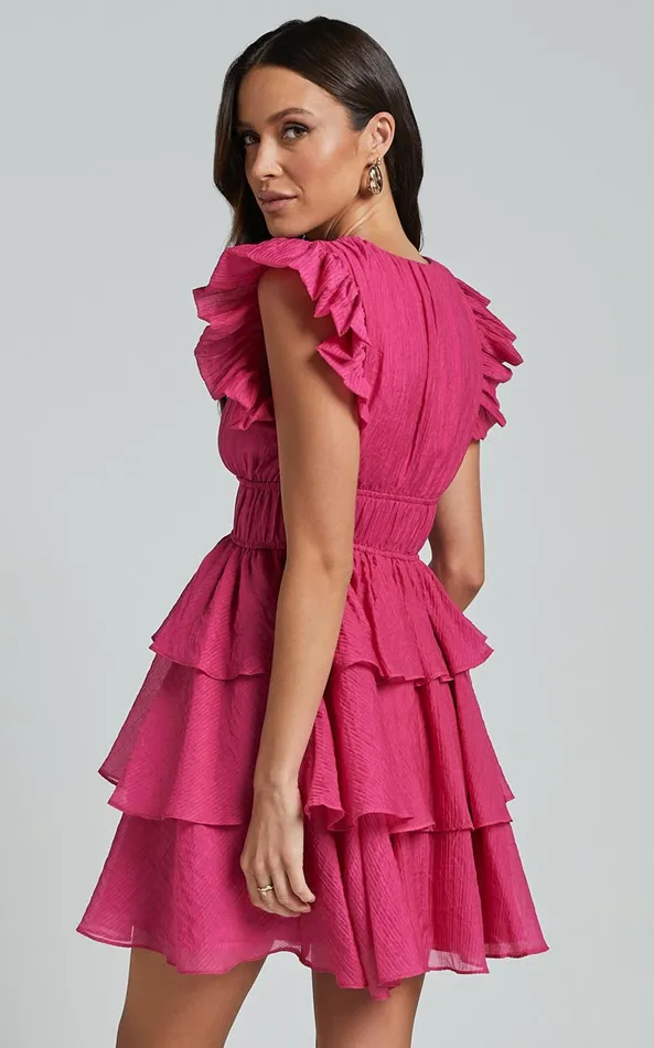 Showpo Elbertine Mini Dress 8211 Flutter Sleeve Pleated Dress In Hot Pink Women Dresses