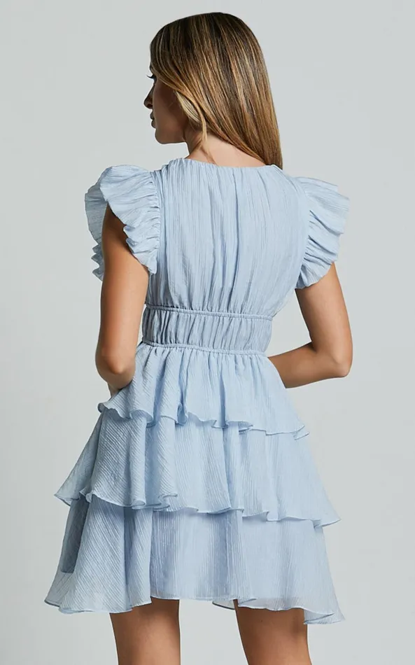 Showpo Elbertine Mini Dress 8211 Flutter Sleeve Pleated Dress In Pale Blue Women Dresses
