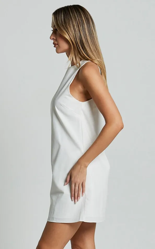 Showpo Elda Mini Dress 8211 Linen Look High Neck Shift Dress In Off White Women Dresses