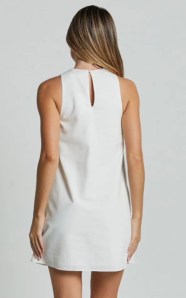 Showpo Elda Mini Dress 8211 Linen Look High Neck Shift Dress In Off White Women Dresses