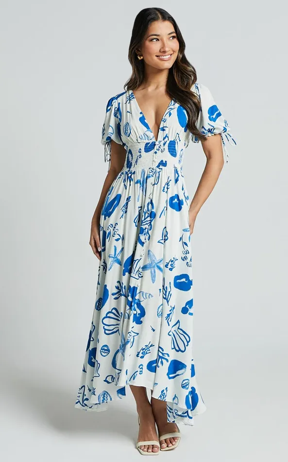 Showpo Eleanor Midi Dress 8211 V Neck Short Puff Sleeve Dress In Blue Print Women Dresses Showpo Eleanor Midi Dress 8211 V Neck Short Puff Sleeve Dress In Blue Print Women Dresses