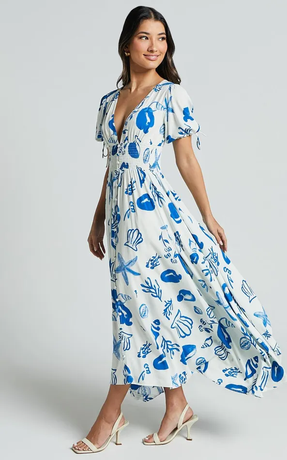 Showpo Eleanor Midi Dress 8211 V Neck Short Puff Sleeve Dress In Blue Print Women Dresses