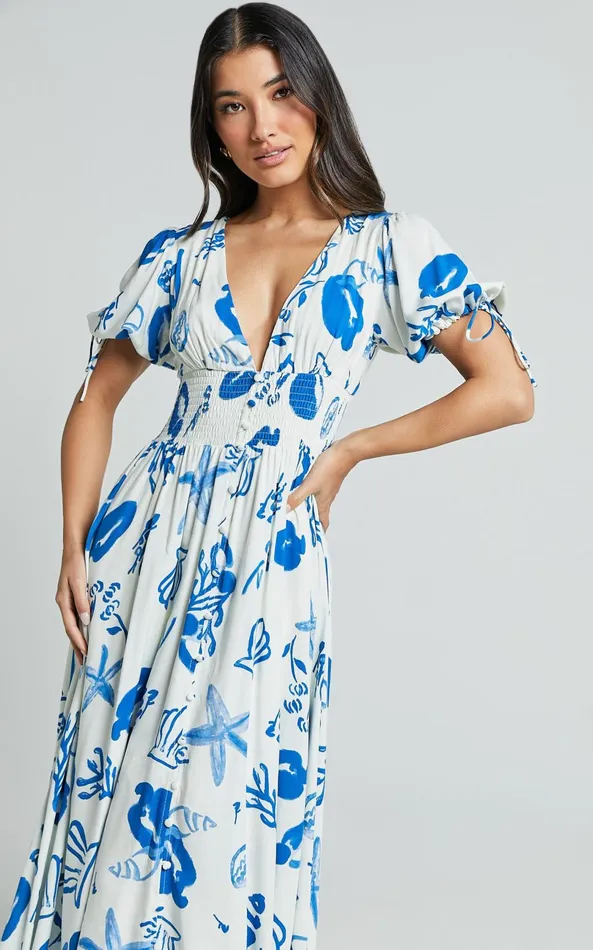 Showpo Eleanor Midi Dress 8211 V Neck Short Puff Sleeve Dress In Blue Print Women Dresses